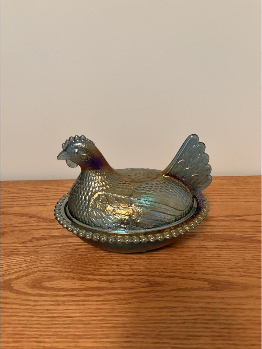 VTG Indiana Glass Iridescent Carnival Blue Hen on Nest 7”